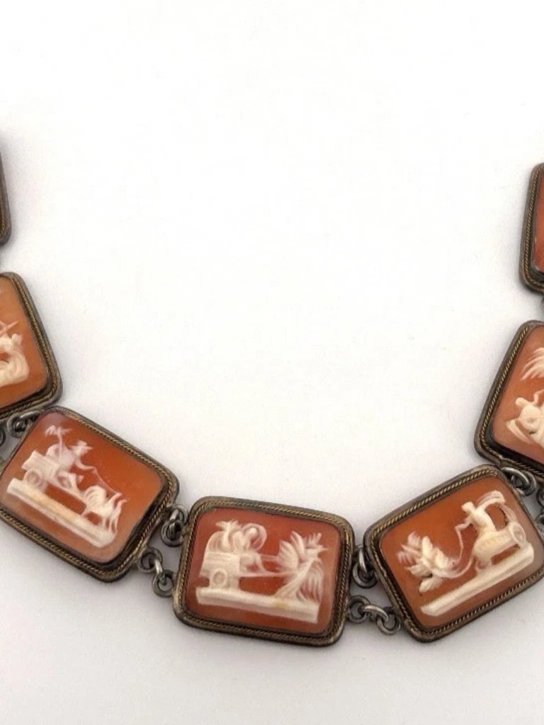 Antique Carved Shell Cameo Panel Bracelet 800 Silver Italy 7.5" 21.61g